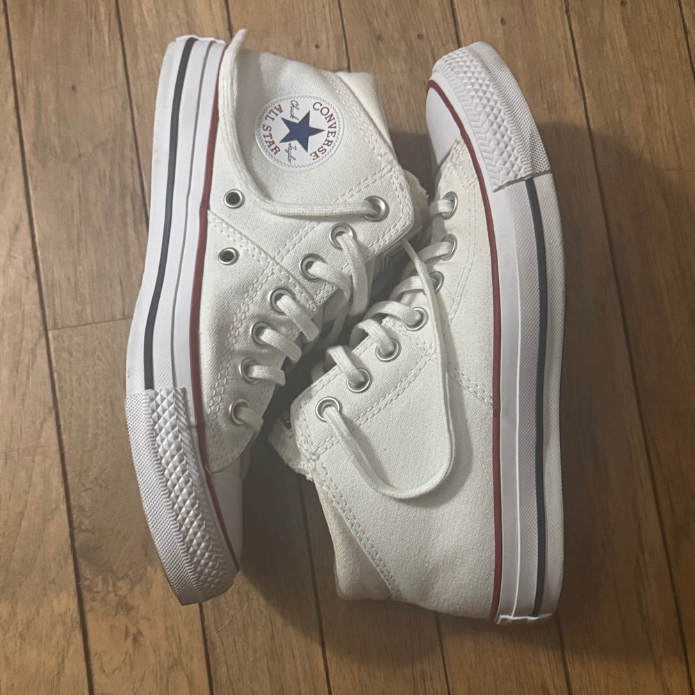 Converse White Canvas High-Tops with Red and Black Stripes